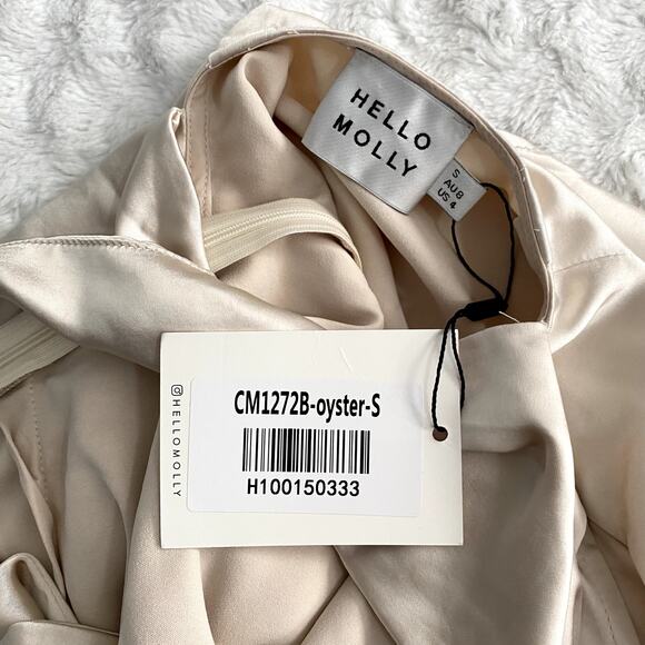 NEW Hello Molly Oyster Cream Heavy Heart Halter Satin Open Back Mini Dress S - Picture 7 of 10